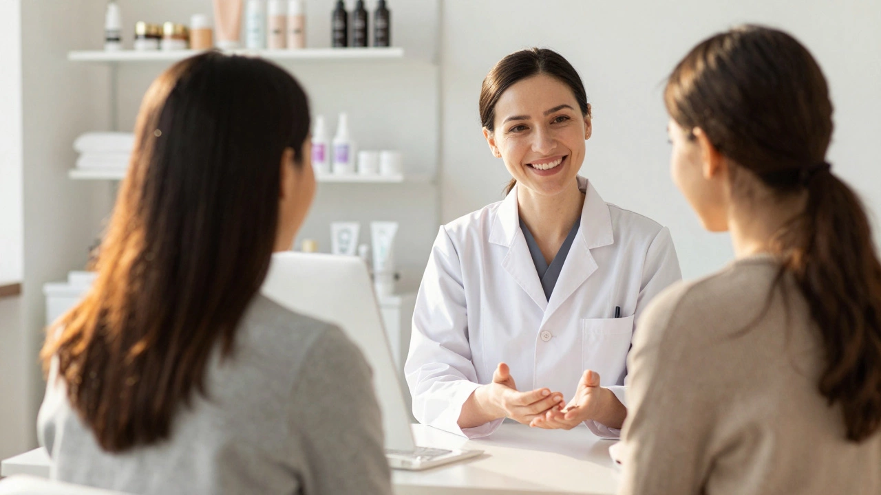 Общение косметолога с клиентом в светлой комнате салона для обсуждения безопасности процедур.