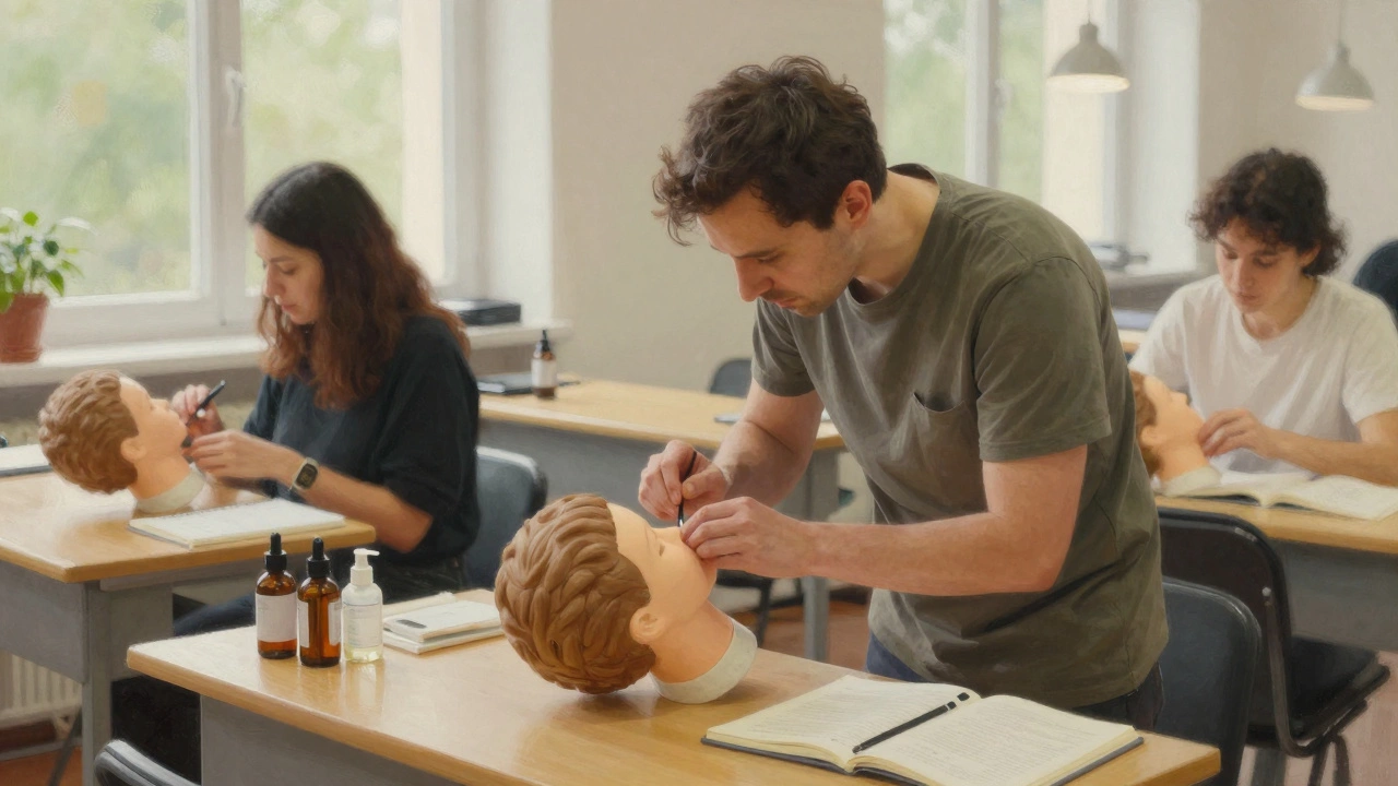 Преподаватель обучает студента косметологии