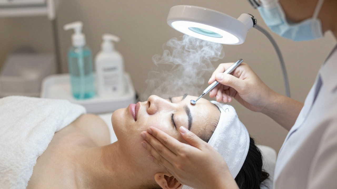 Профессиональная чистка лица: удаление комедонов с помощью специальных инструментов и паровой обработки.