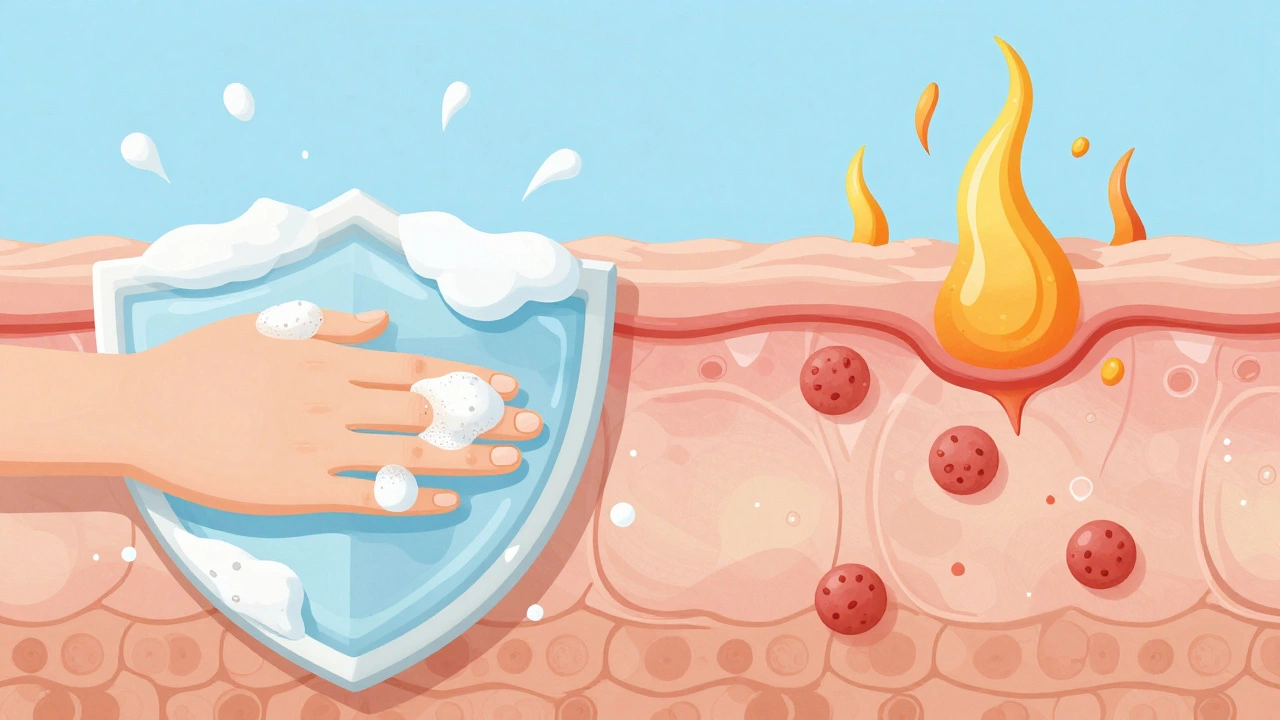 Сравнение поврежденного и здорового липидного барьера кожи при чрезмерном и правильном умывании.