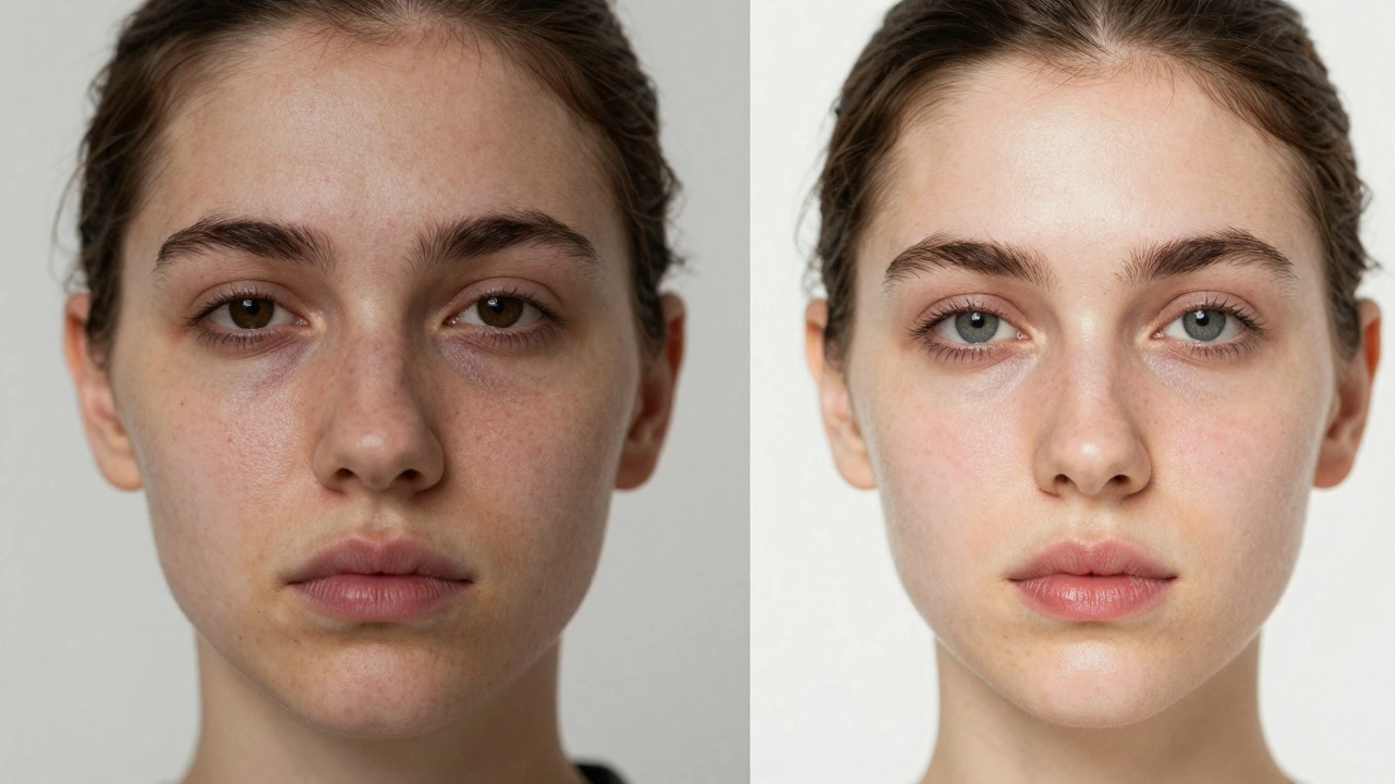 Сравнение состояния кожи до и после курса процедур: от тусклой и проблемной к сияющей и здоровой.