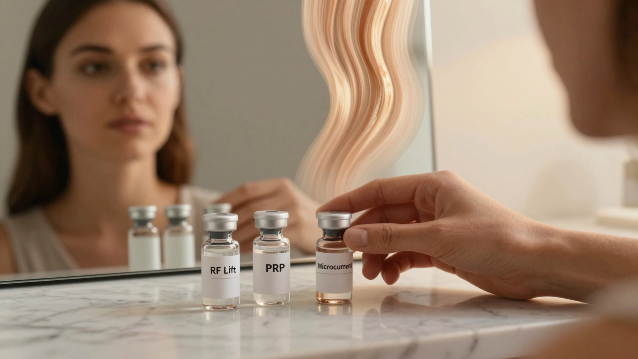 Три процедуры для лица после 50: RF, PRP и микротоки на фоне зеркала, отражающего молодость.