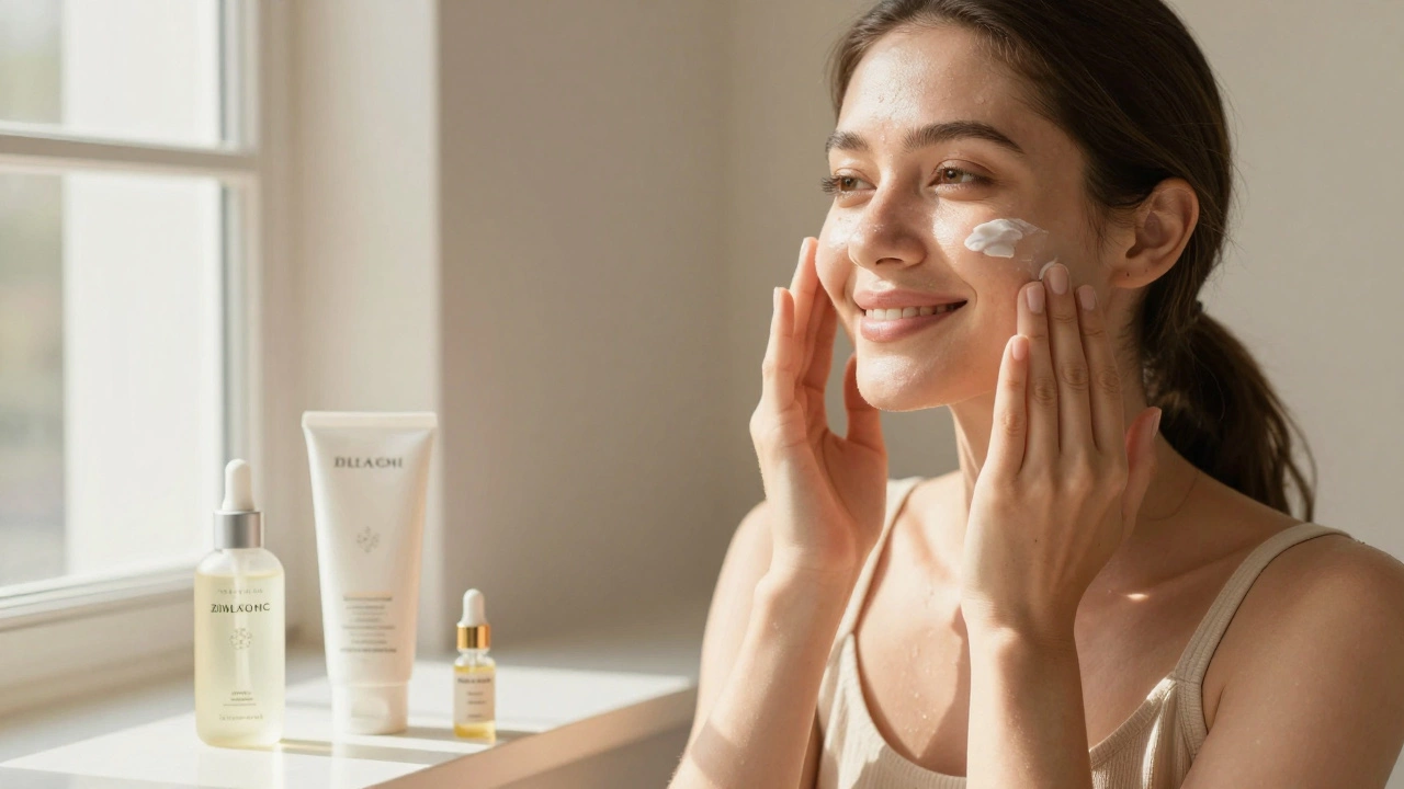 Женщина наносит солнцезащитный крем с оксидом цинка для ухода за кожей после процедур от акне.