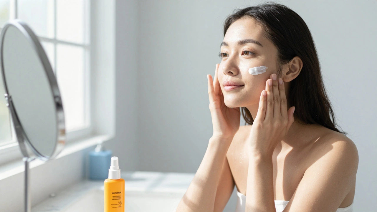Женщина наносит сыворотку на лицо при утреннем солнечном свете.