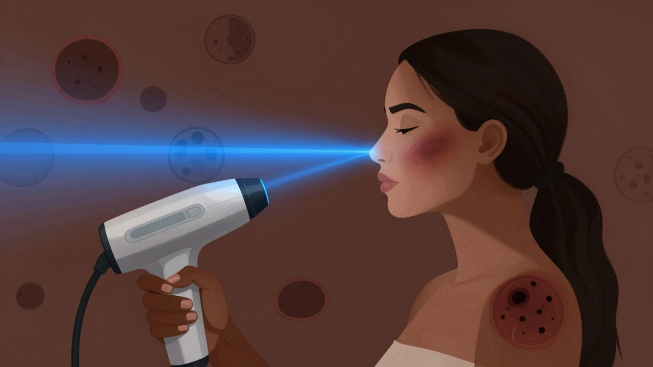 Женщина с темной кожей и предупреждающими признаками ожогов от лазера.