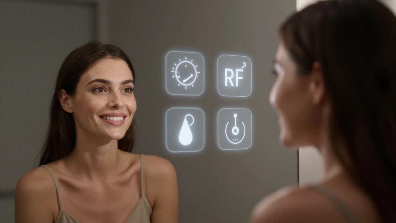 Женщина смотрит в зеркало — её отражение показывает подтянутый овал, вокруг плавают символы процедур.