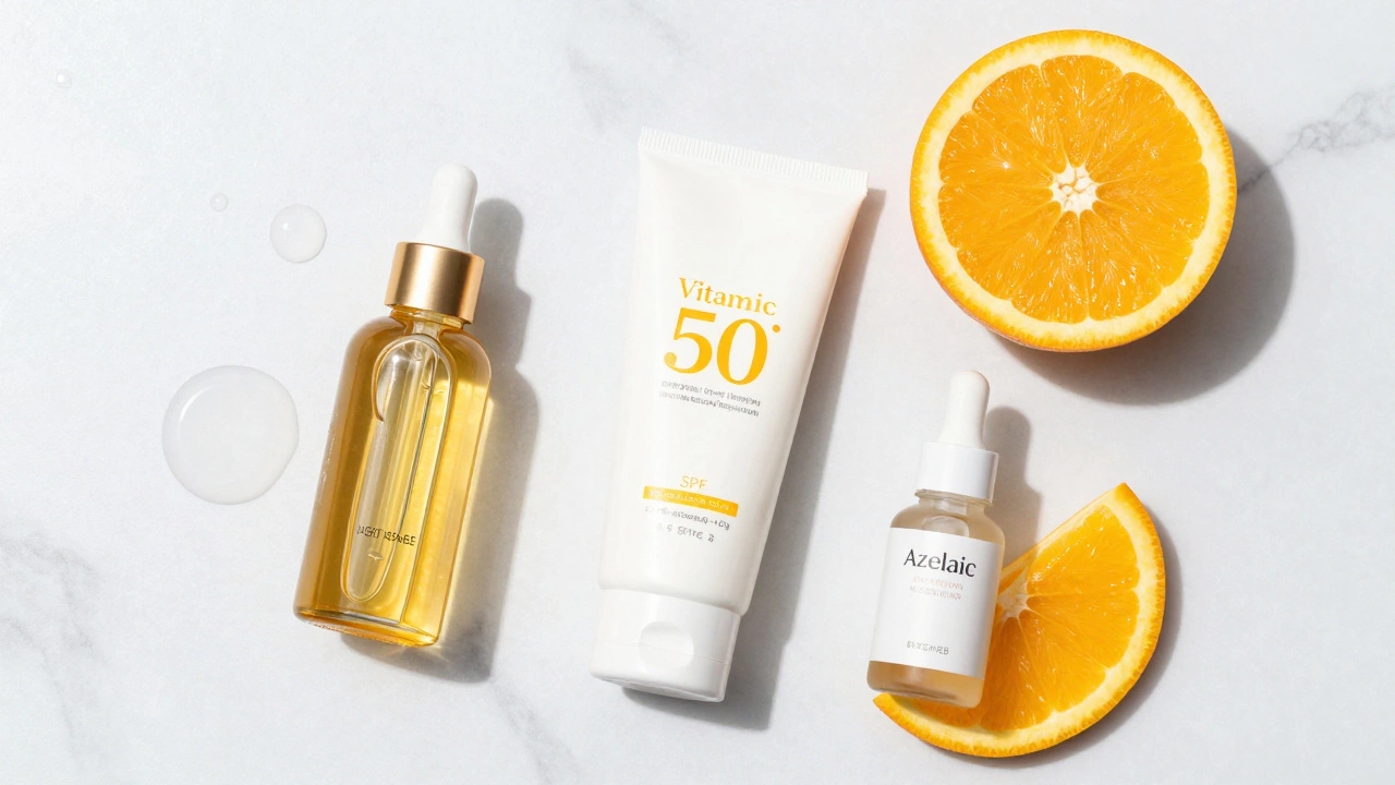 Набор средств для ухода за кожей: сыворотка с витамином С, SPF-крем и кислоты