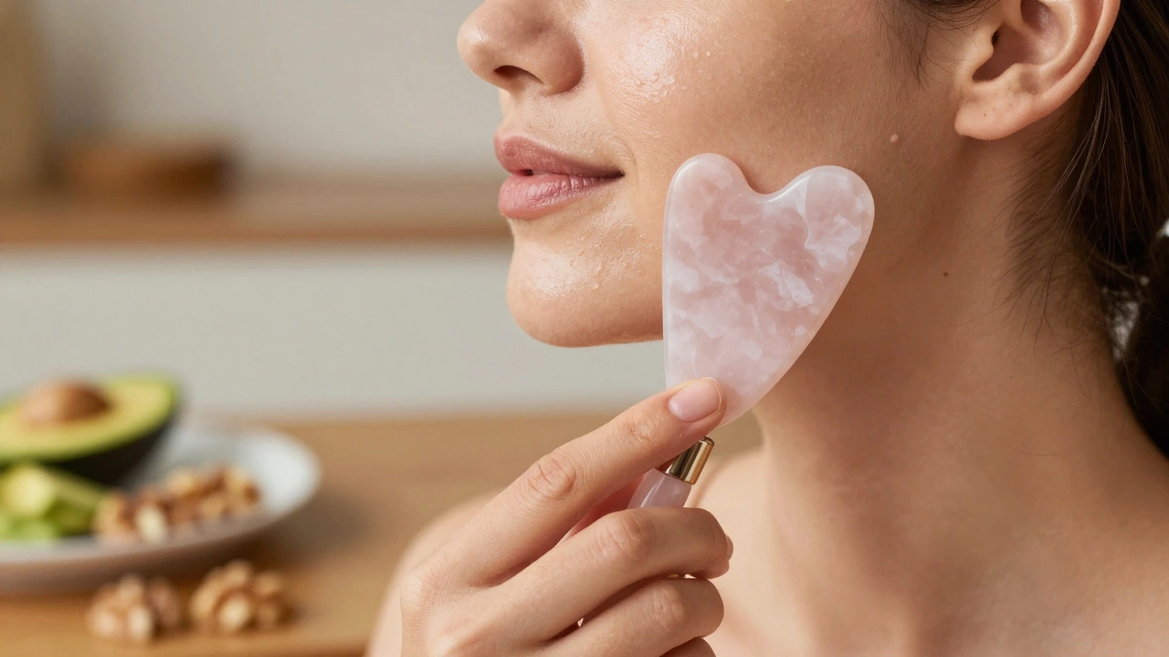 Процесс самомассажа лица с помощью кварцевого скребка гуаша для сияния кожи