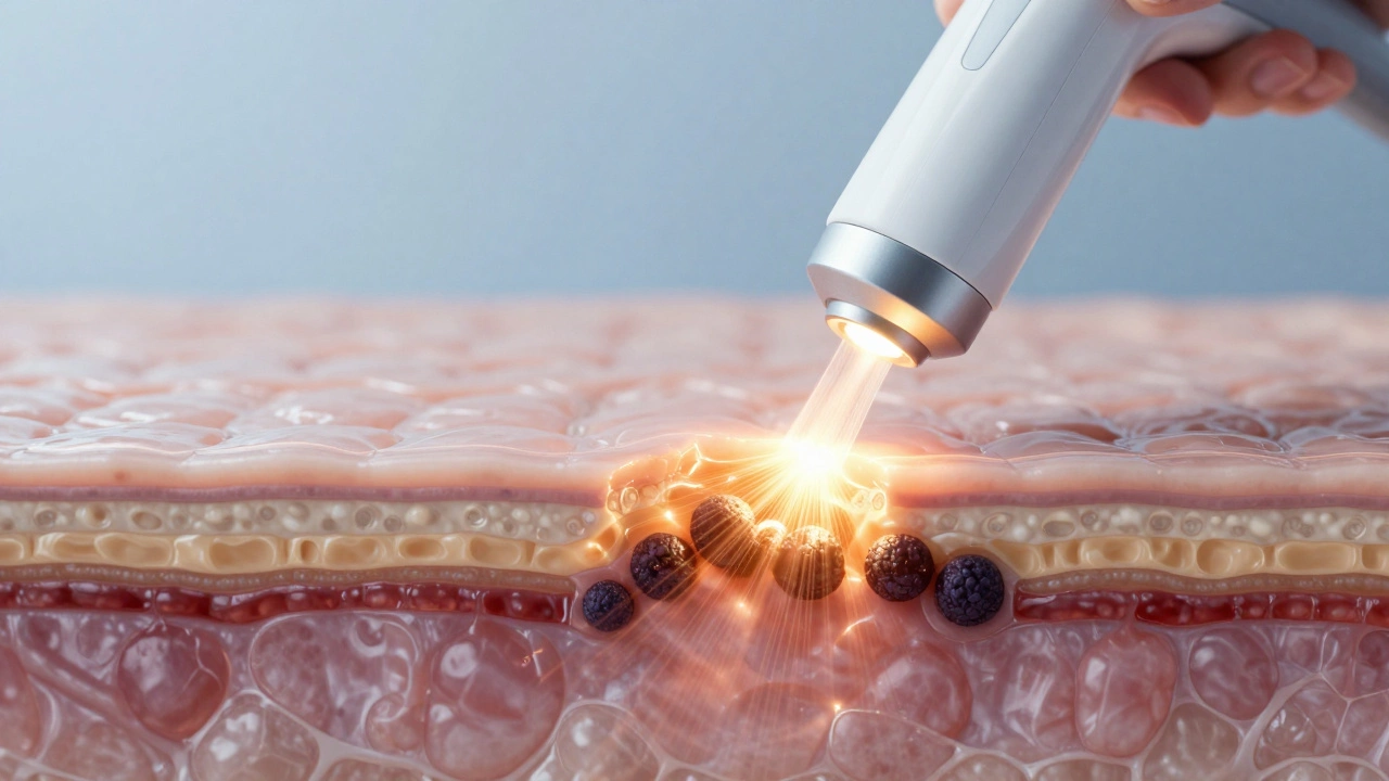 Схематичное изображение воздействия лазера на меланин в коже