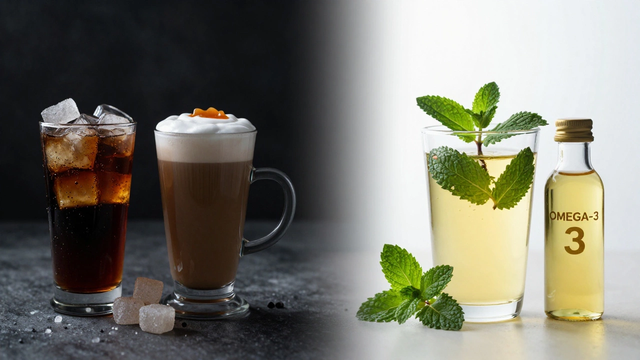 Сравнение вредных сладких напитков и полезного травяного чая с Омега-3