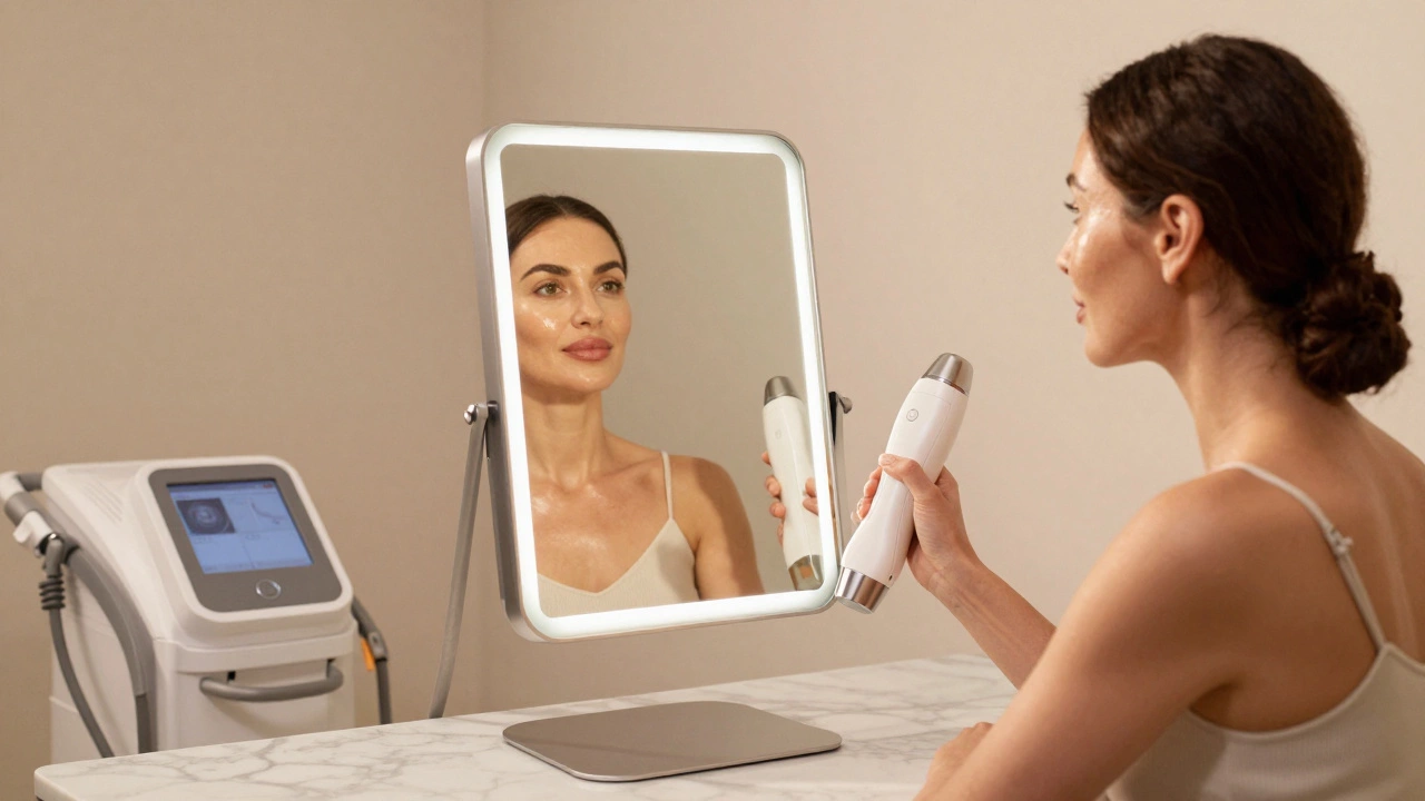 Женщина с сияющей кожей в современном центре аппаратной косметологии