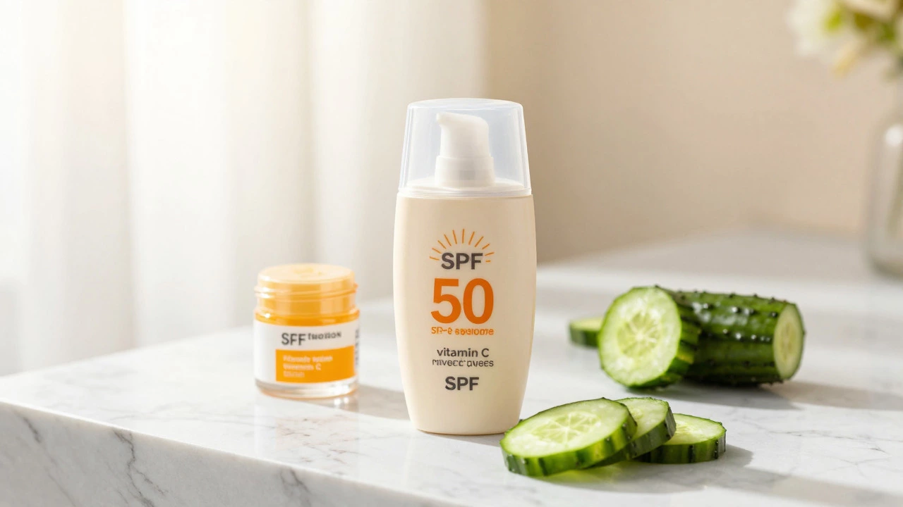Крем с SPF и средства для ухода за кожей на столе